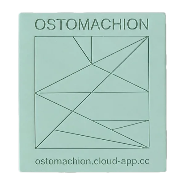 The closed mint-green case, with OSTOMACHION and the 14-piece dissection embossed on the lid.
