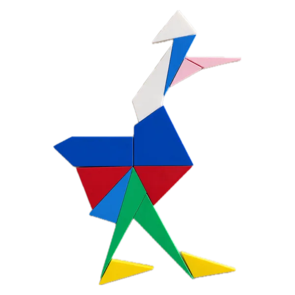 A long-necked bird made from all 14 pieces, with a pink beak and green legs.
